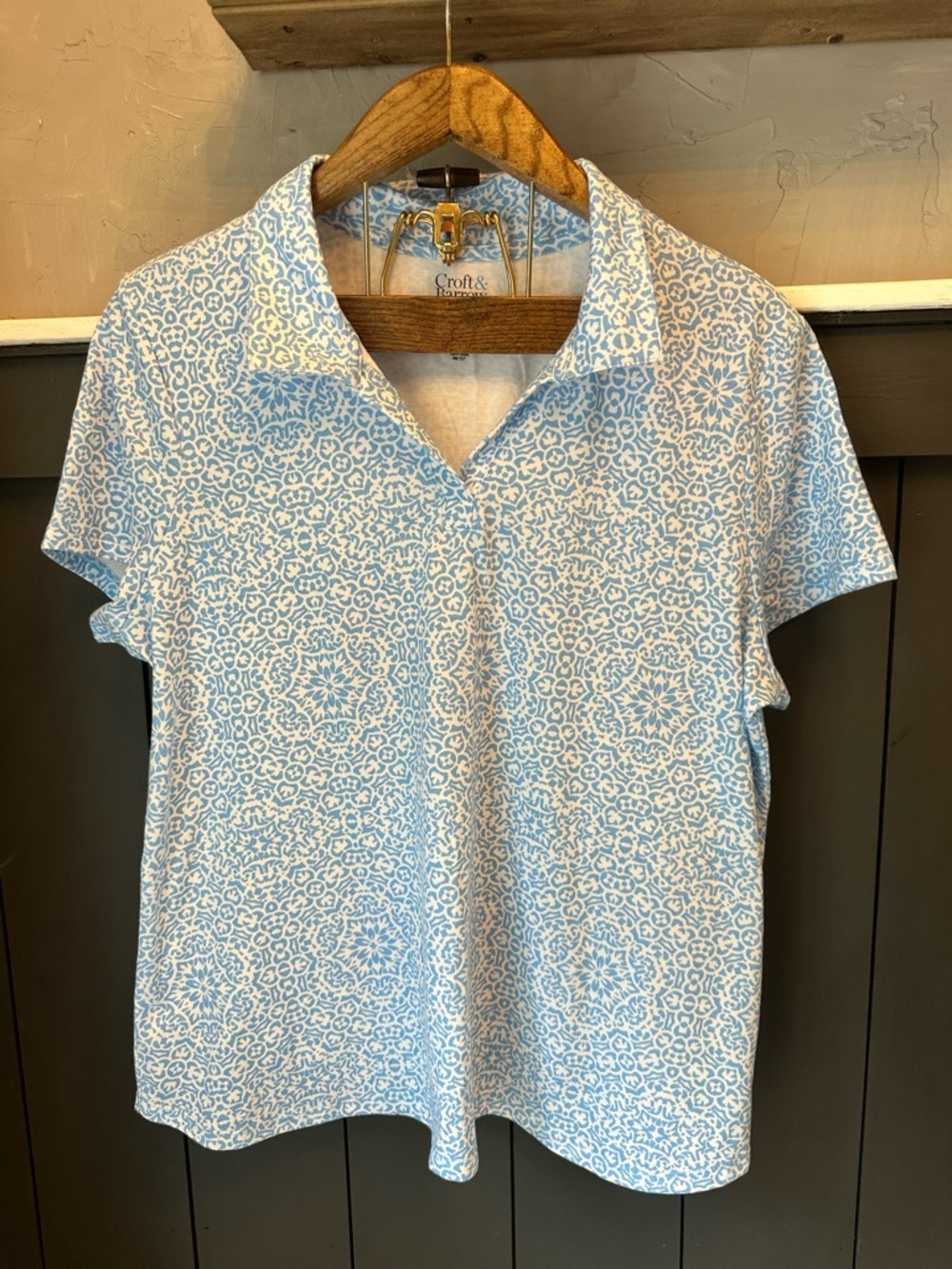 Croft & Barrow Blue White Floral Print Short Sleeve Collaredโ Polo Shirt XXL